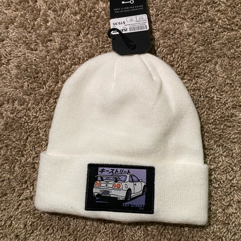 White Beanie with Car Patch